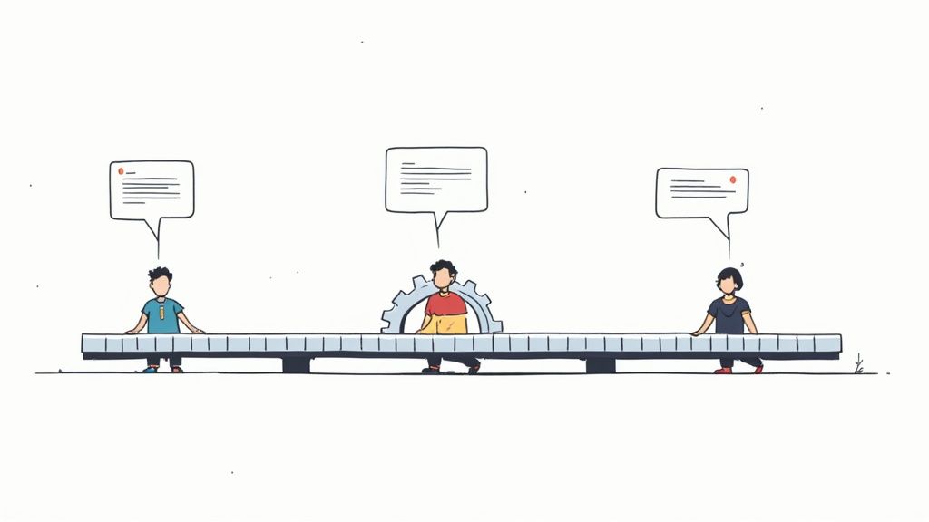 Illustration of three people with speech bubbles interacting with a long segmented bar and a gear.