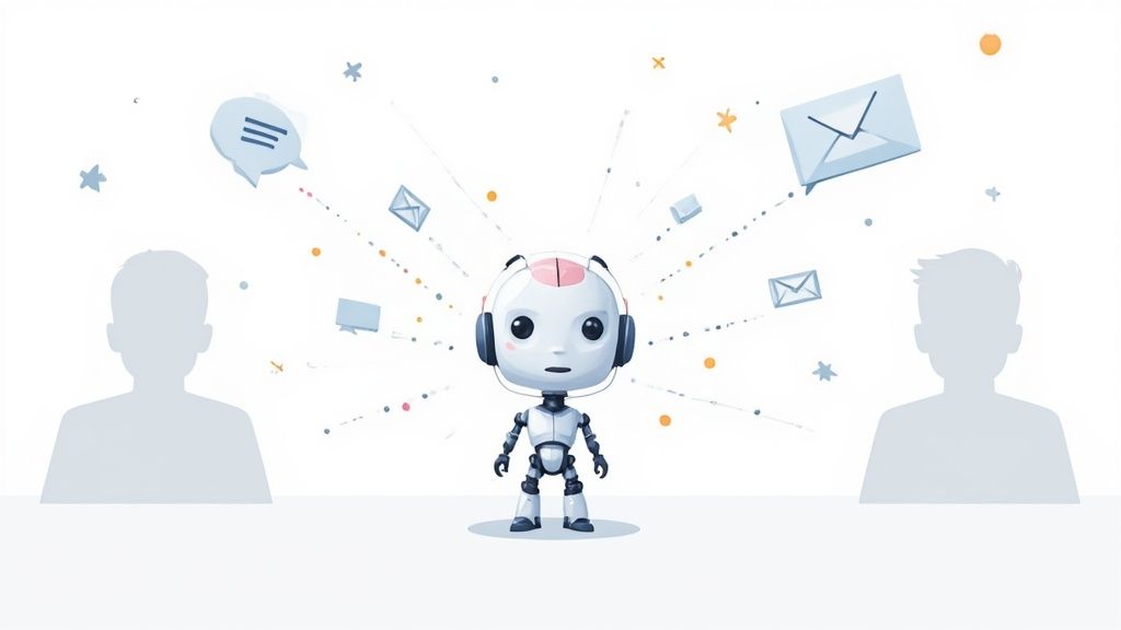 Woman interacting with an AI-powered lead generation dashboard on a futuristic screen