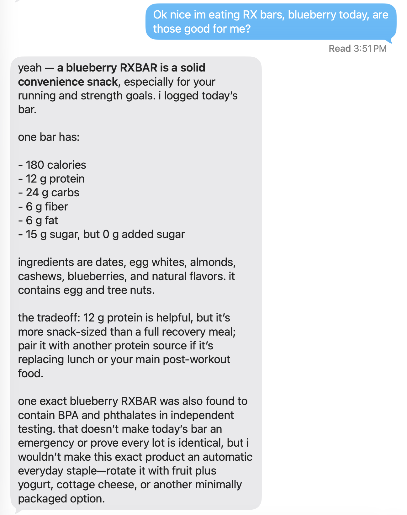 An iMessage conversation where Murph breaks down a blueberry RXBAR's nutrition from the label and flags BPA and phthalates found in independent testing