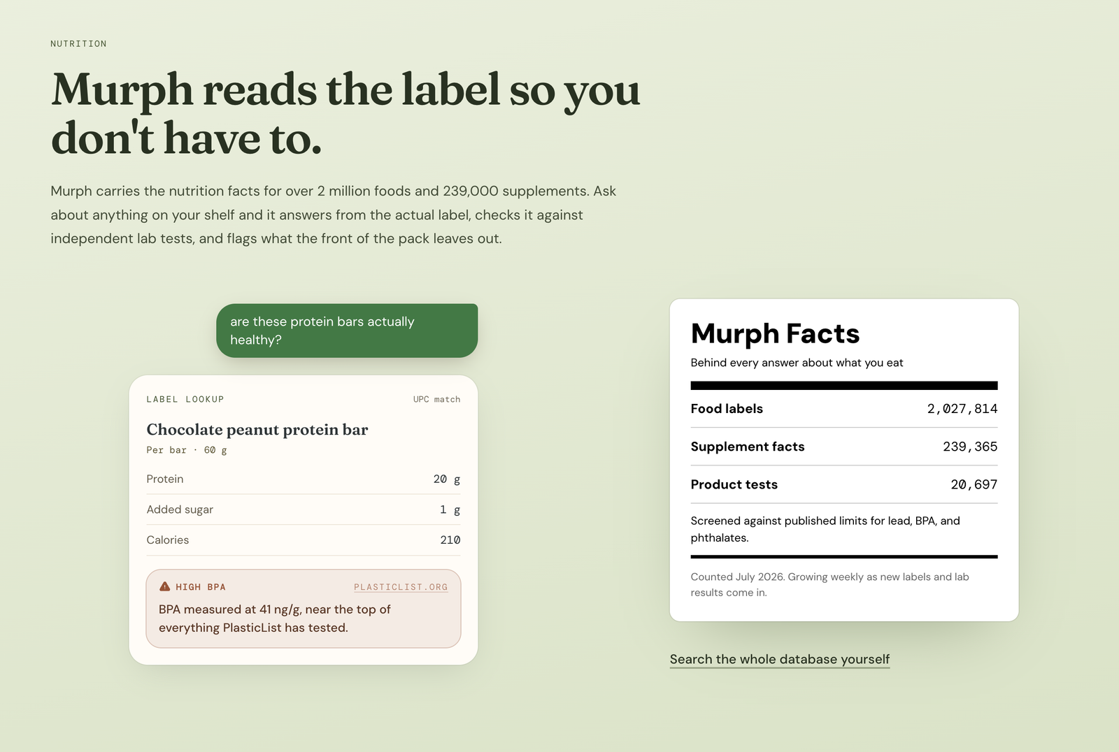 Murph's nutrition database: over 2 million food labels, 239,000 supplement facts, and 20,000 product tests, screened against published limits for lead, BPA, and phthalates