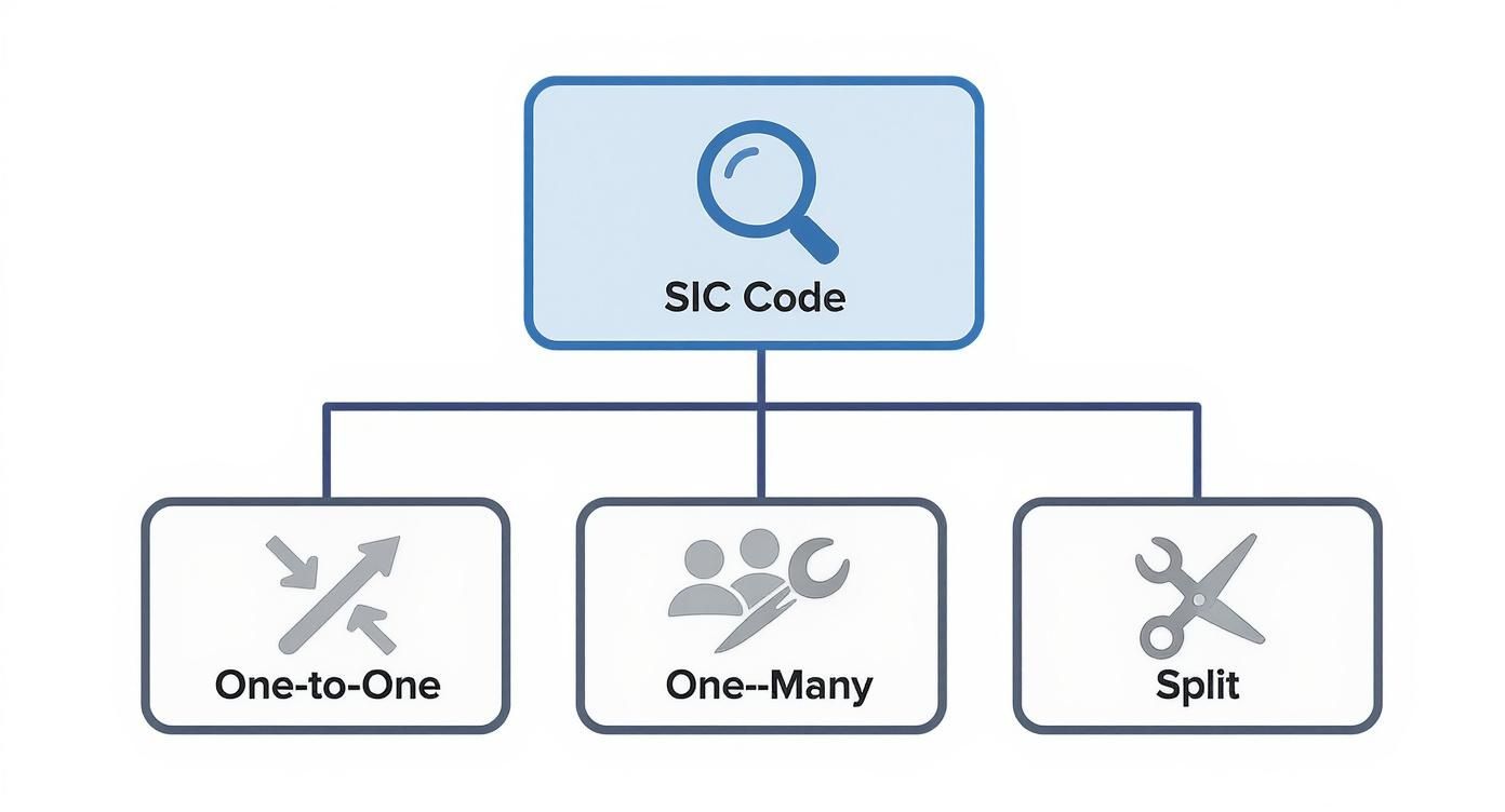 A flowchart illustrating SIC Code relationships, including One-to-One, One-Many, and Split options with icons.