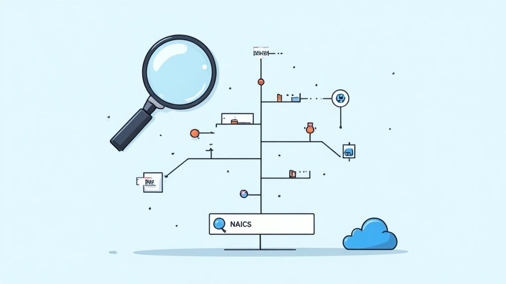 A diagram illustrating data classification and search, with a magnifying glass, NAICS box, and cloud.