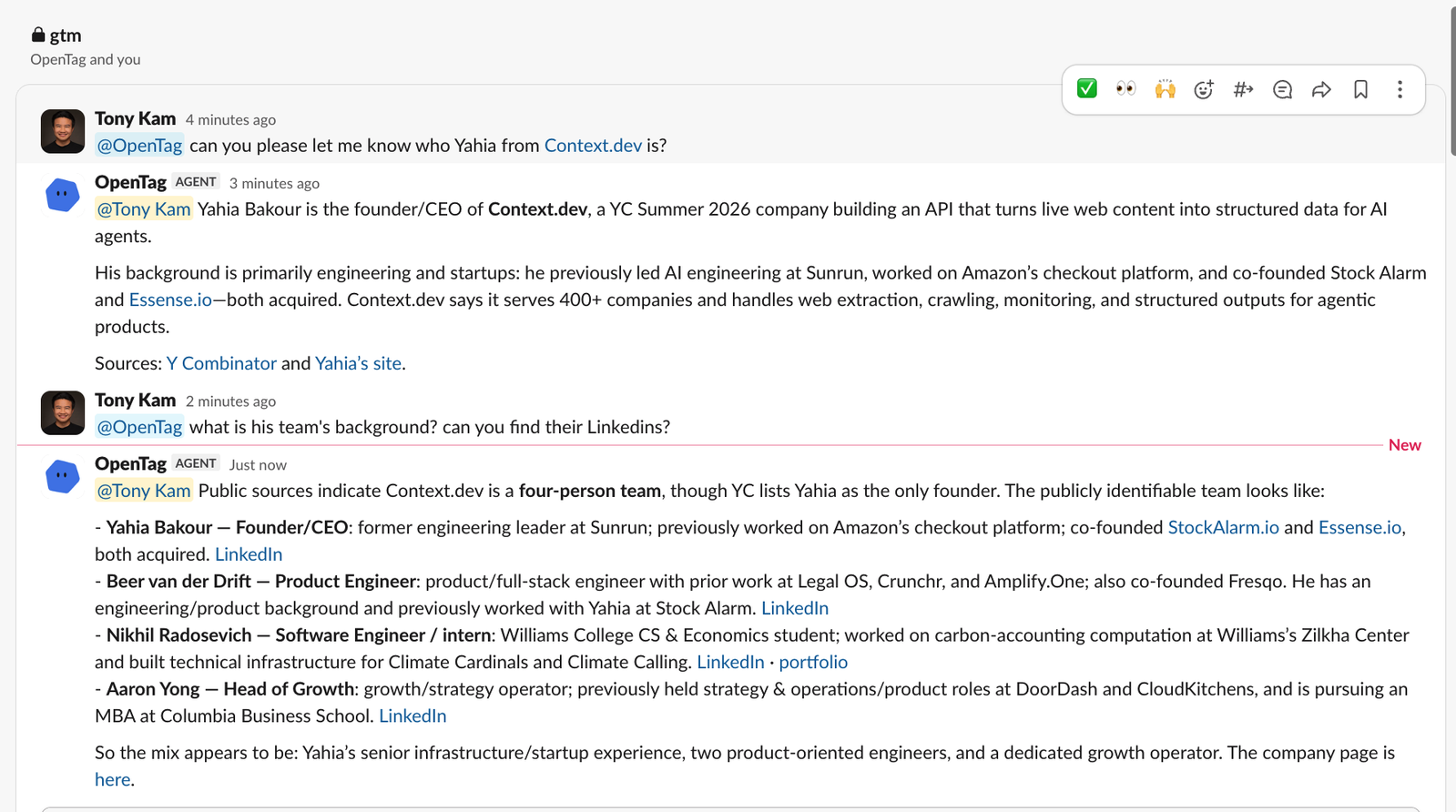 An OpenTag conversation where Tony Kam asks who Yahia Bakour is and requests the Context.dev team's LinkedIn profiles, and OpenTag returns sourced profiles