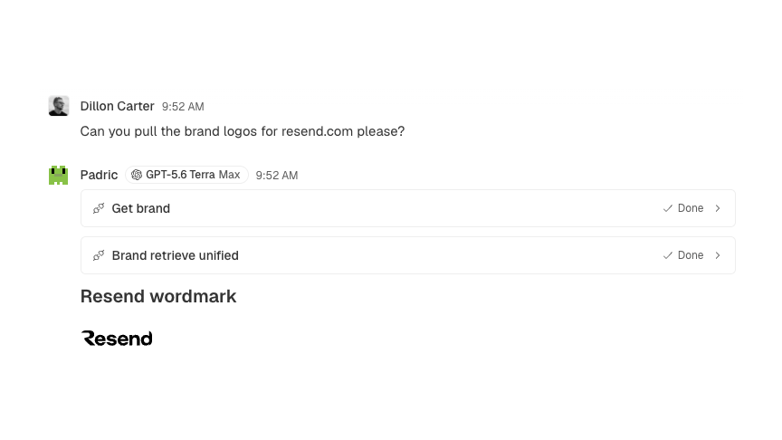 A Pad conversation where Dillon asks Padric to pull the brand logos for resend.com, then the agent runs Context.dev brand tools and returns the Resend wordmark