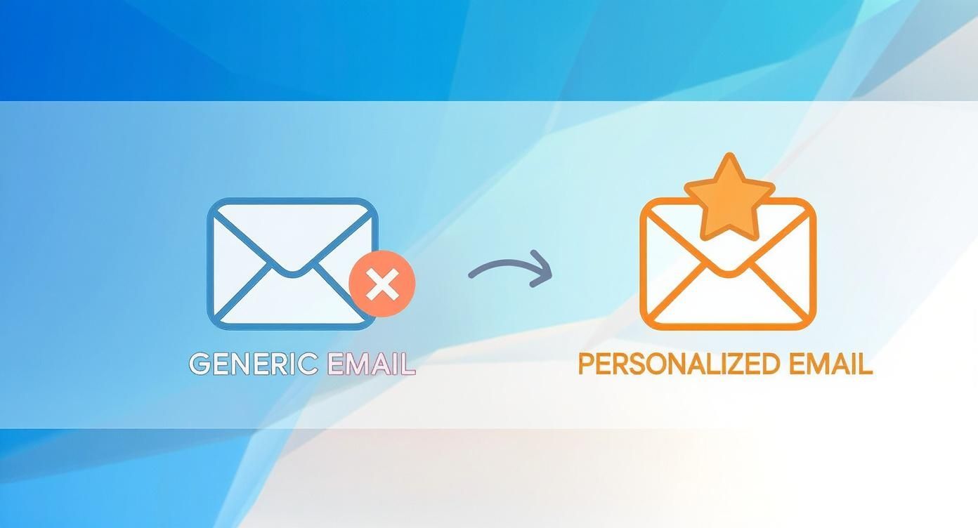 An illustration showing a generic email icon transforming into a star-adorned personalized email.