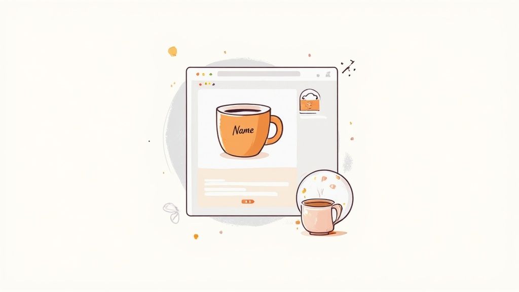 Illustration of a browser window showing a personalized orange coffee mug with 'Name', next to a smaller pink mug.