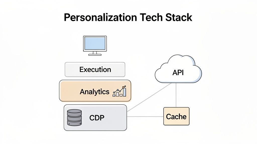 Diagram illustrating a personalization tech stack with components like execution, analytics, CDP, API, and cache.