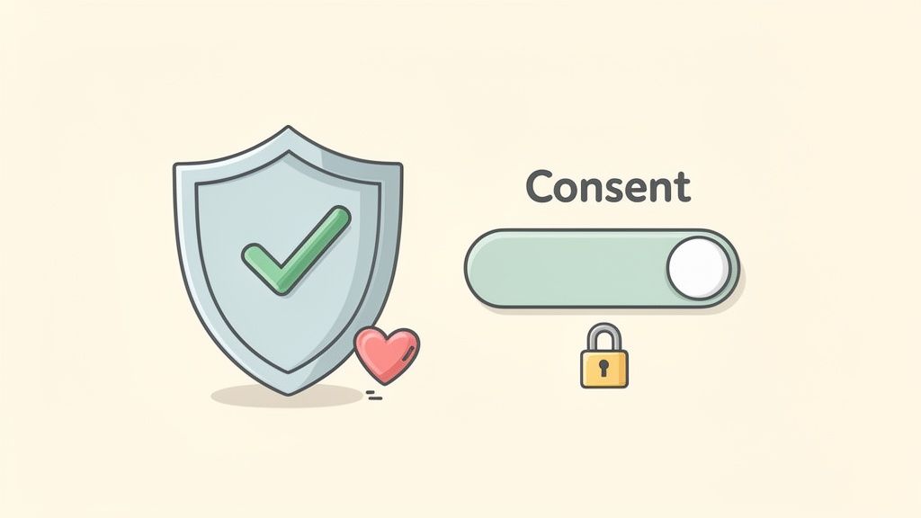 A graphic representing data privacy and user consent with a shield, checkmark, toggle switch, and padlock.