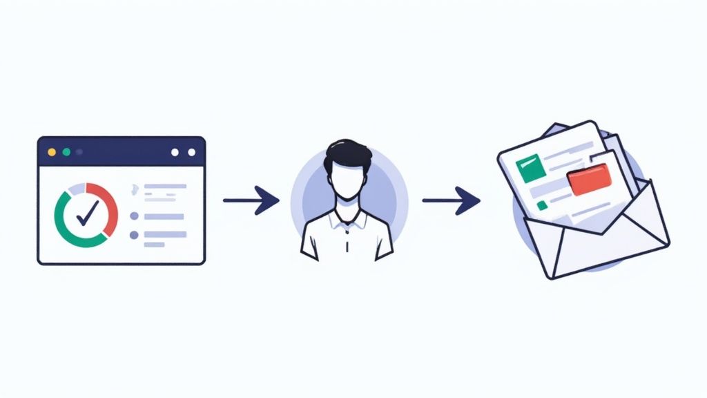 A diagram showing automated workflows, such as gears and arrows, connecting lead scores to sales team actions like calls and emails.