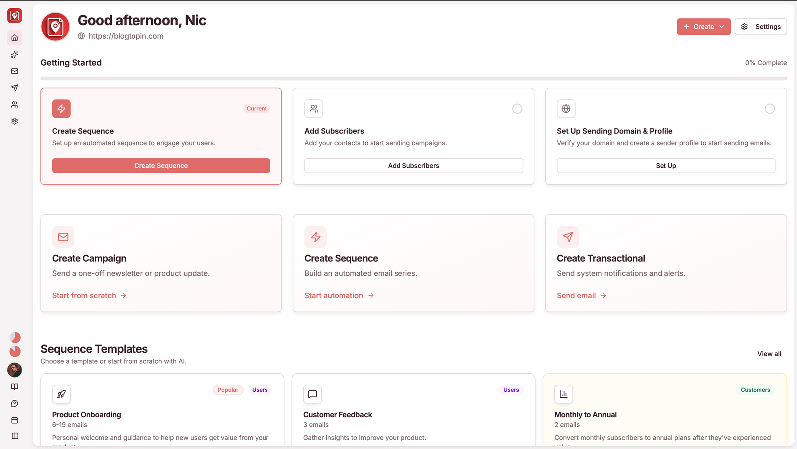Sequenzy dashboard showing email sequence creation interface with templates for product onboarding, customer feedback, and campaigns