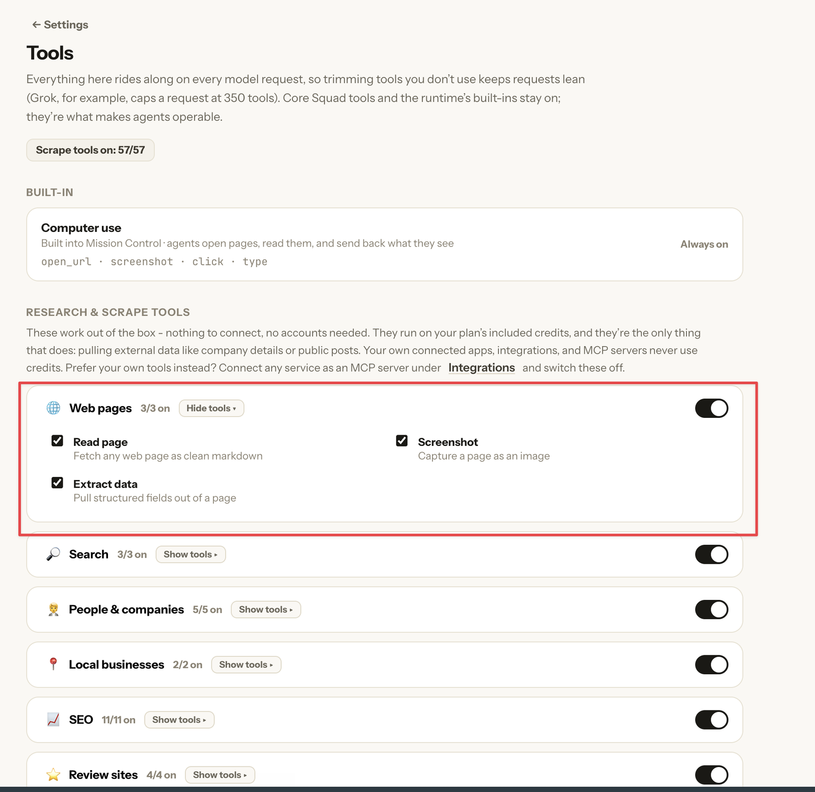 Squad's Tools settings with the Web pages section highlighted, showing Read page, Screenshot, and Extract data enabled