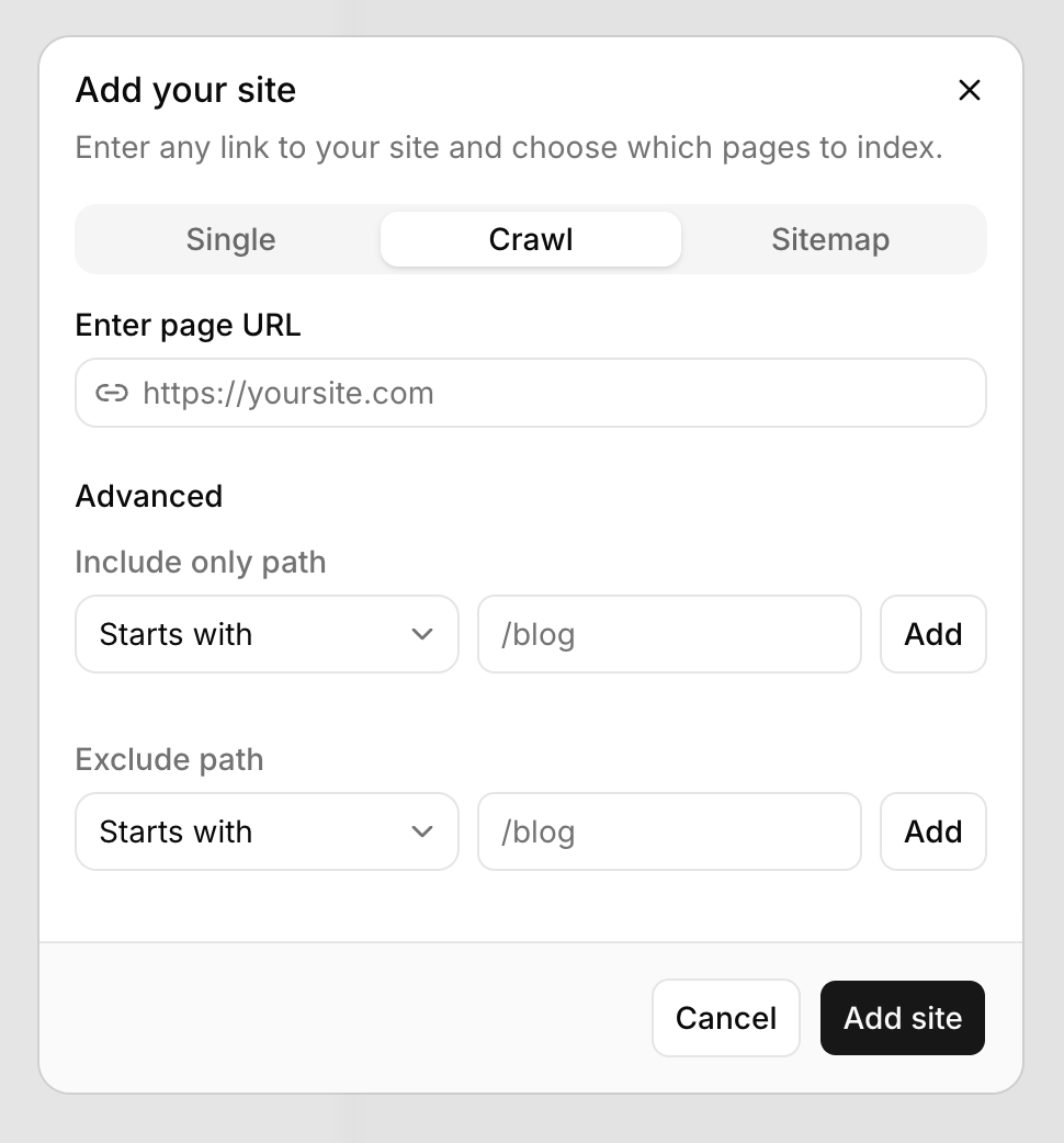Takkie AI's "Add your site" dialog, where users index a website by single page, crawl, or sitemap, with optional include and exclude path filters