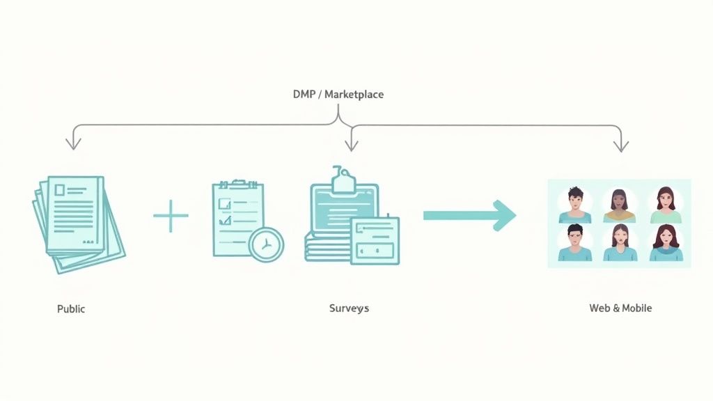 Magnifying glass over a network of data points, illustrating the collection and aggregation of third party data