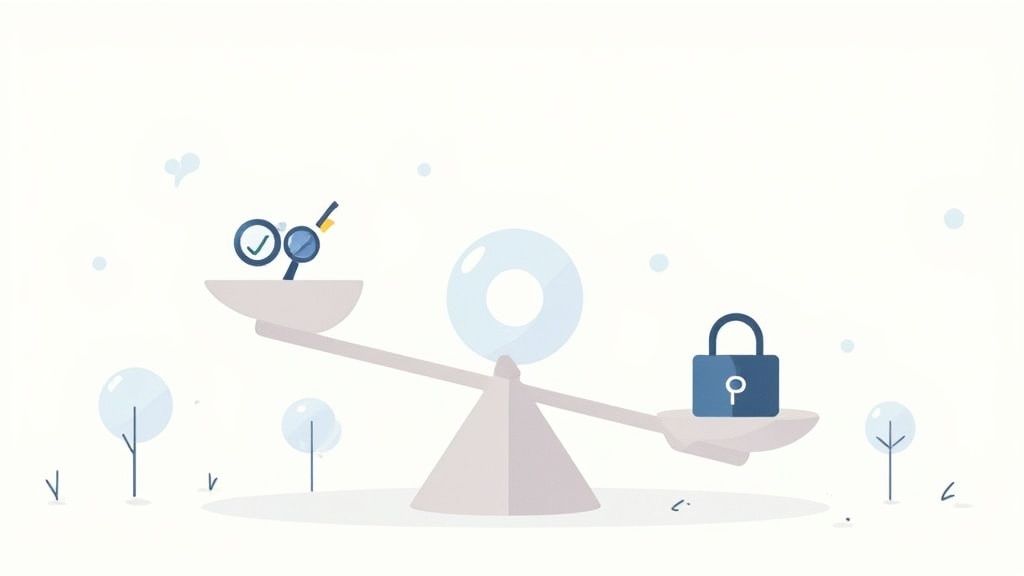 Stylized lock and shield icon protecting a network of data points, representing data privacy and security