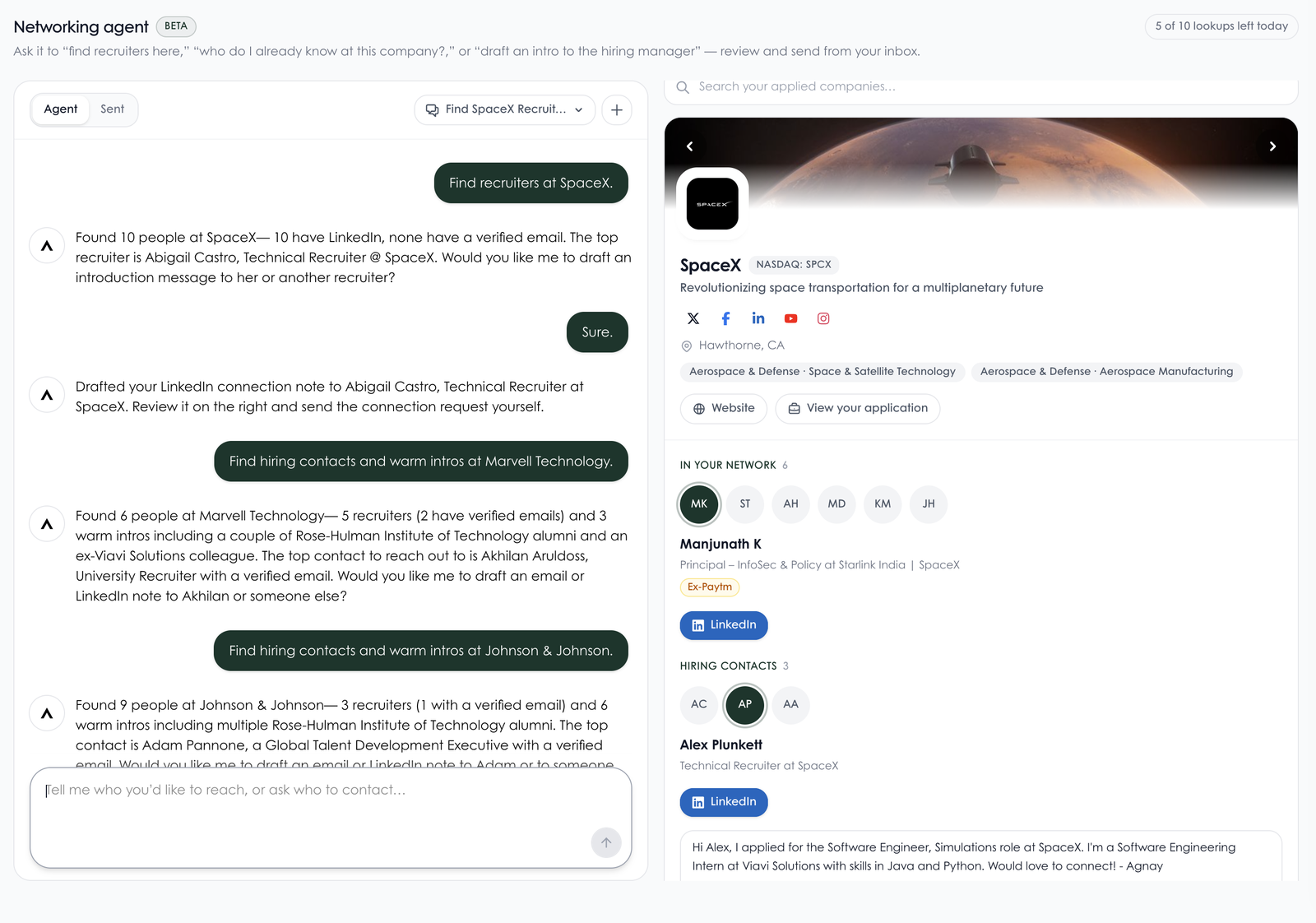 Tsenta's networking agent showing a SpaceX company page enriched with brand data from Context.dev