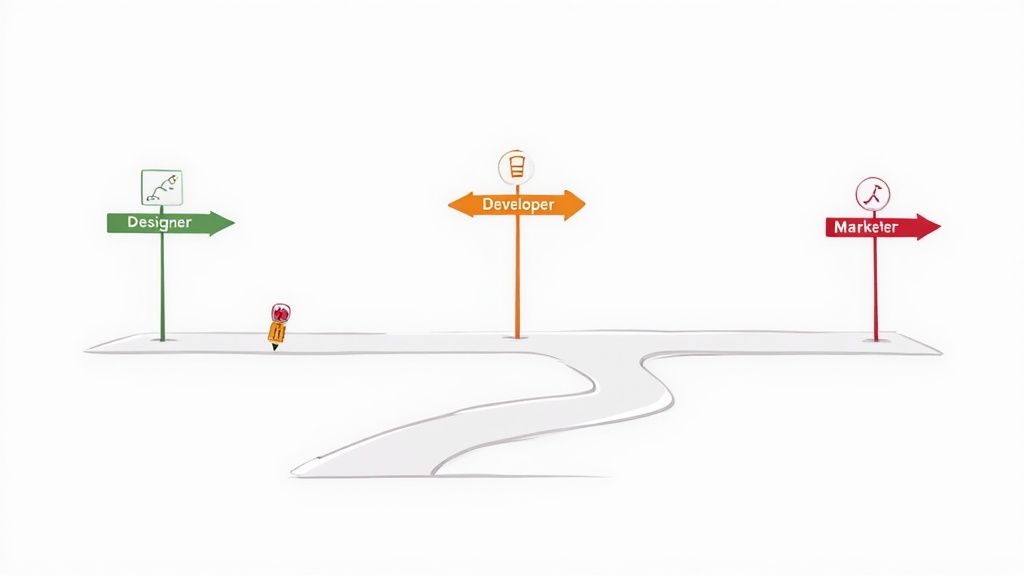 Illustration of a pencil figure choosing between Designer, Developer, and Marketer career paths.