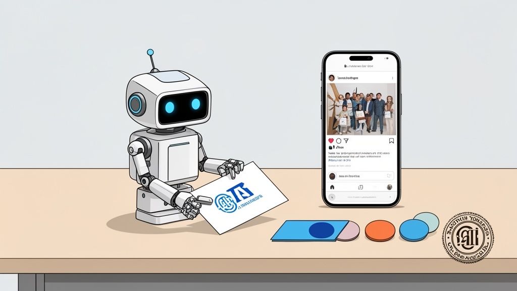 A robot sits at a desk, reviewing a document next to a smartphone displaying a social media feed.