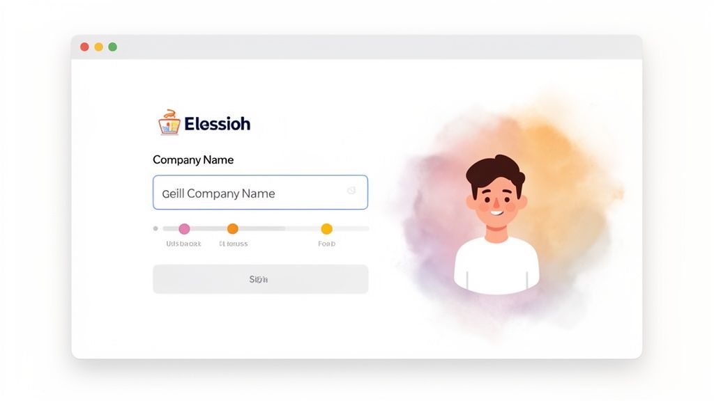 Website displaying an 'Elessioh' form for company name input, a progress bar, and a friendly cartoon character.