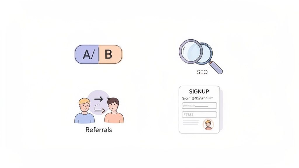 Four icons illustrate customer acquisition strategies: A/B testing, SEO, referrals, and signup forms.