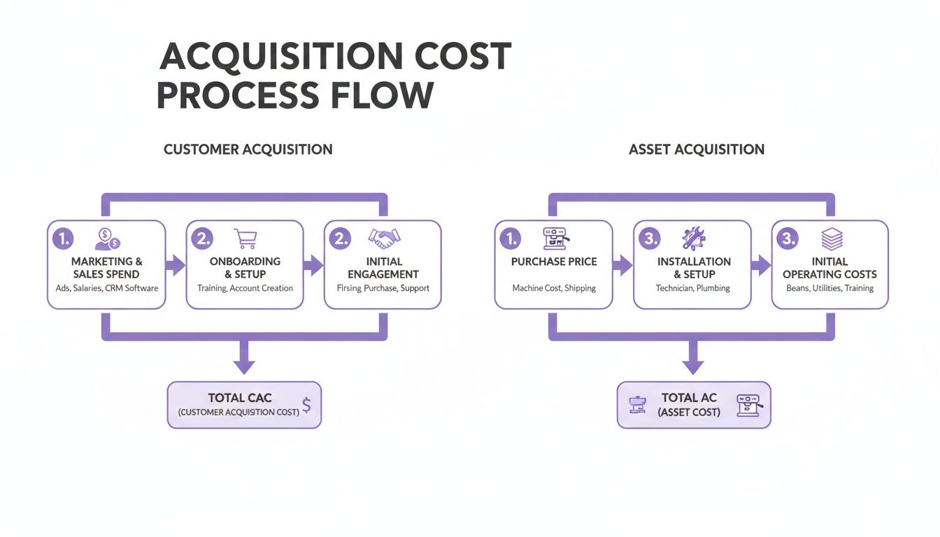 Flowchart detailing customer acquisition costs (CAC) and asset acquisition costs (AC) processes with examples.