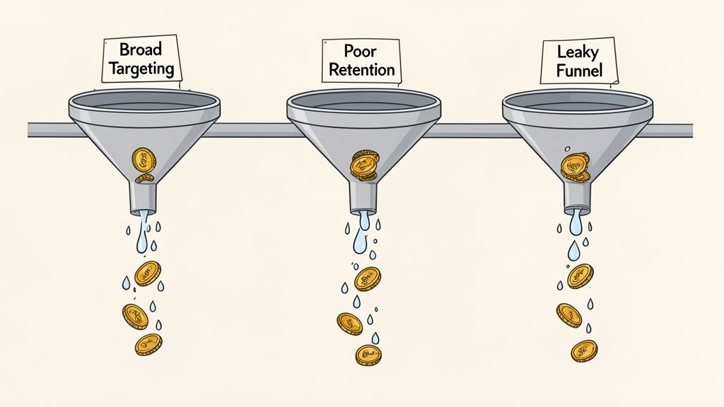 Three funnels depict common business inefficiencies: broad targeting, poor retention, and leaky sales funnels, losing money.