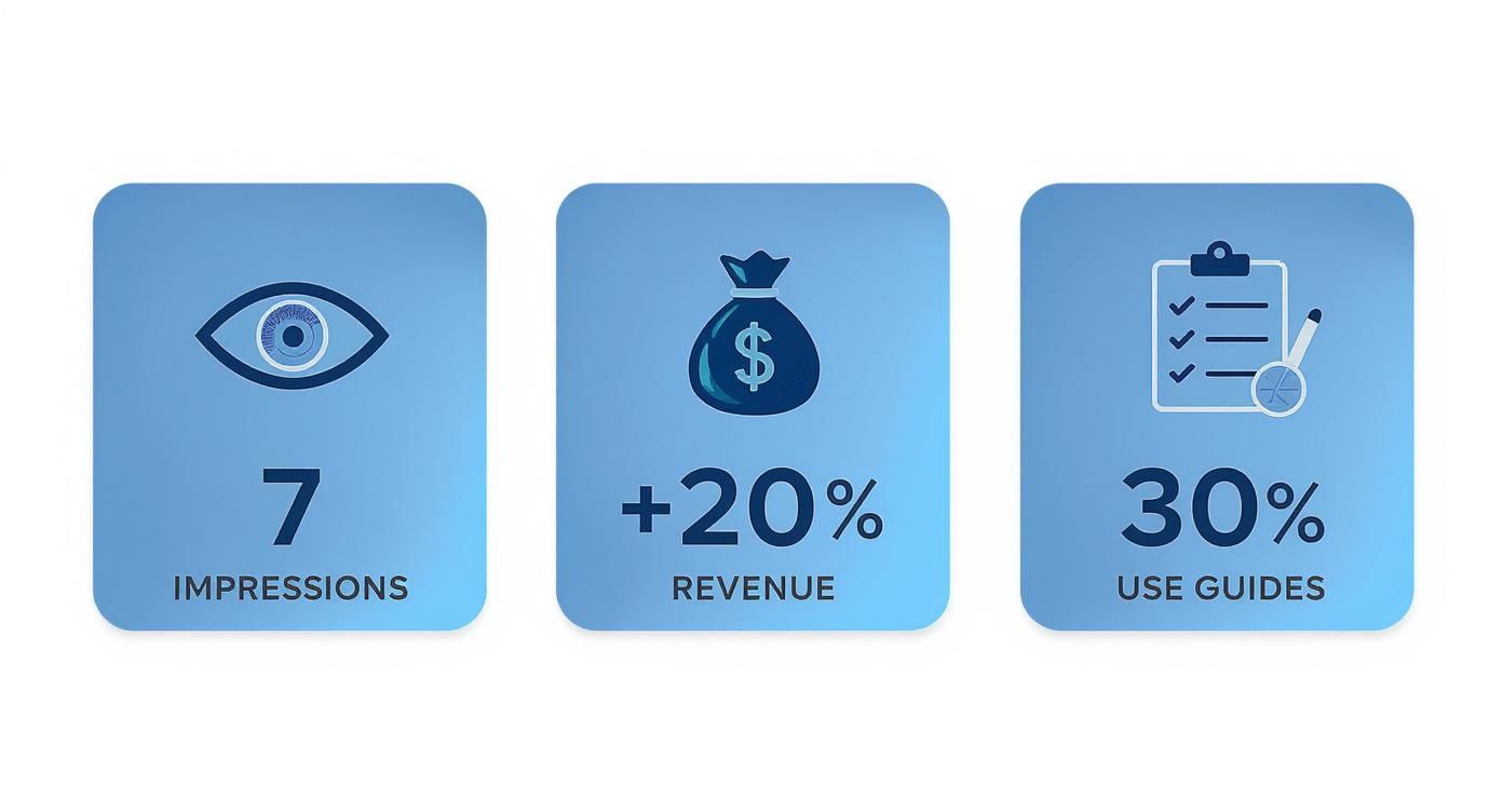 Three blue cards showing brand consistency statistics: seven impressions, twenty percent revenue increase, thirty percent use guides