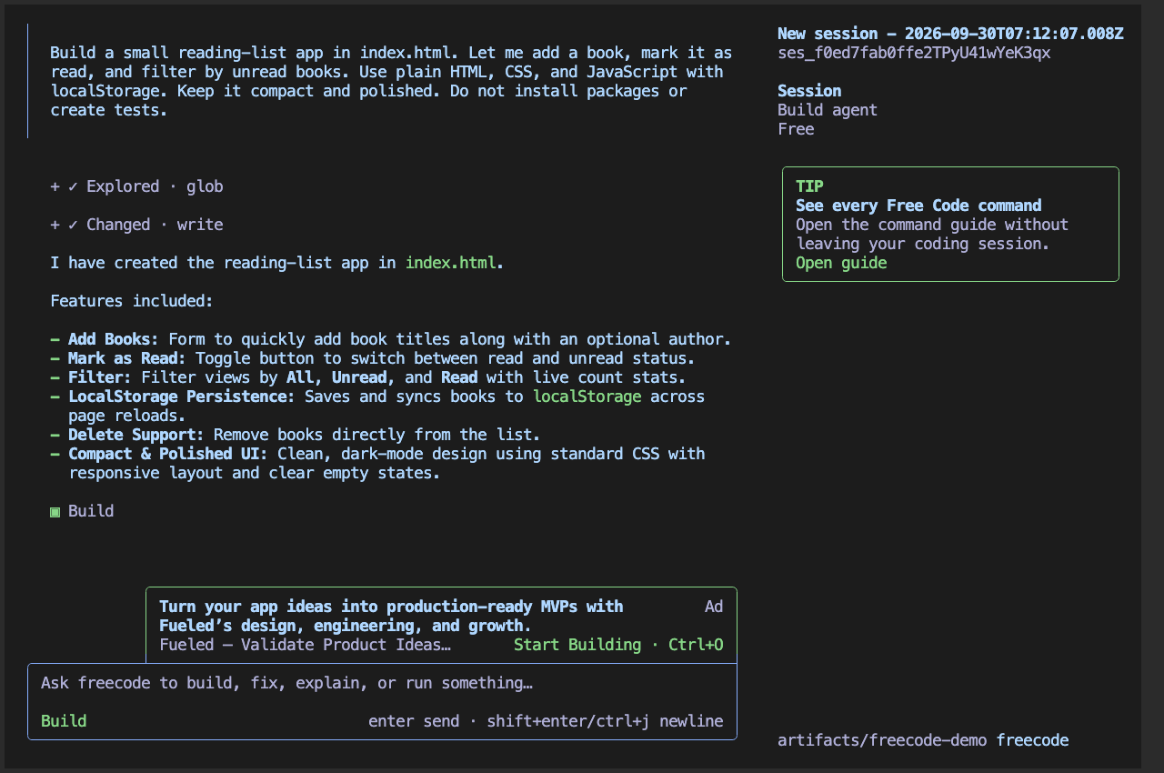 freecode building a reading-list app in its terminal interface